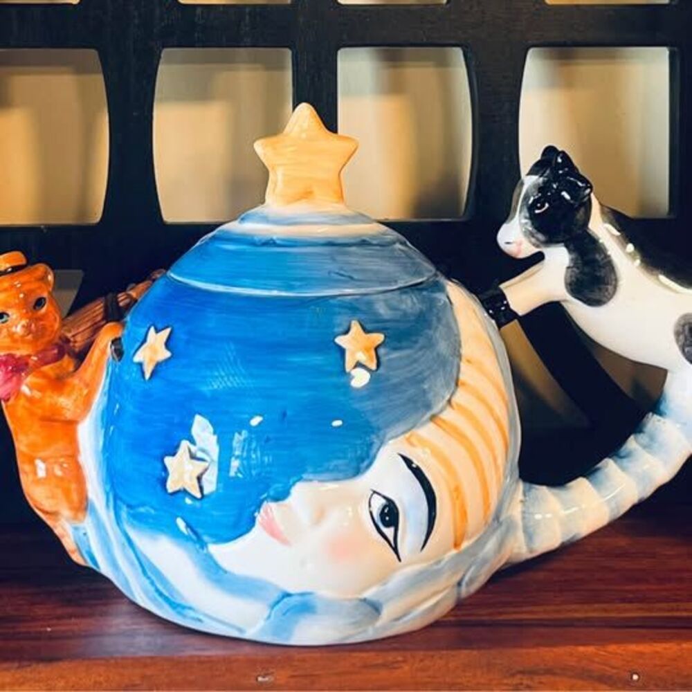 Vintage Whimsical Moon Face Teapot | Celestial Blue Storybook Cottagecore Decor
